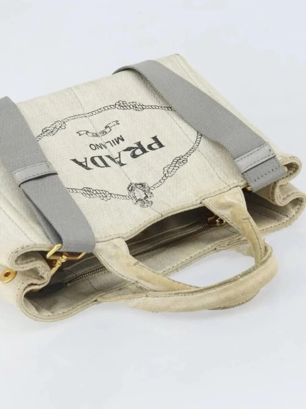 PRADA Canapa PM Hand Bag Canvas 2way Gray Gold Auth ti3731 - Picture 7 of 16